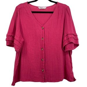 Sonoma Size XL Gauze Button Front Top Pink Ruffle Short Sleeve V-Neck Blouse